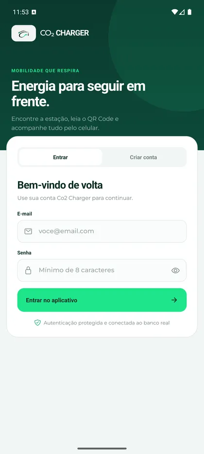 Tela de login do aplicativo Co2 Charger